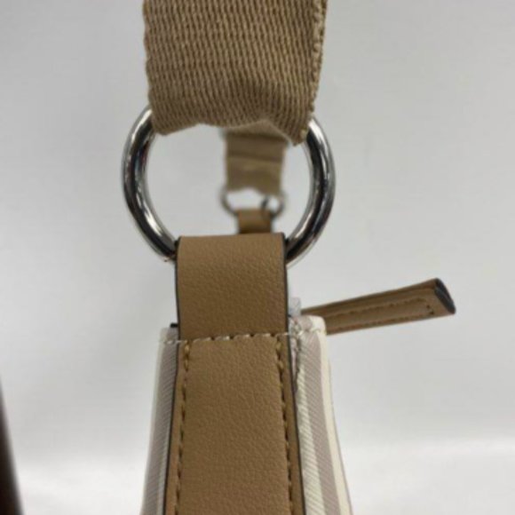 Tahari Womens Sand/Gray Striped Vegan Leather Double Handle Satchel Tote Handbag - Picture 3 of 6